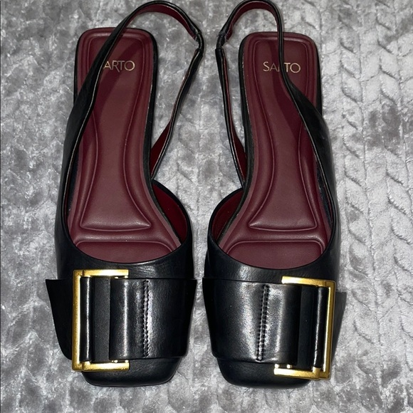 Anthropologie Franco Sarto Tracy Black Leather Slingback. Size 7. Gold Buckle. - Picture 1 of 8